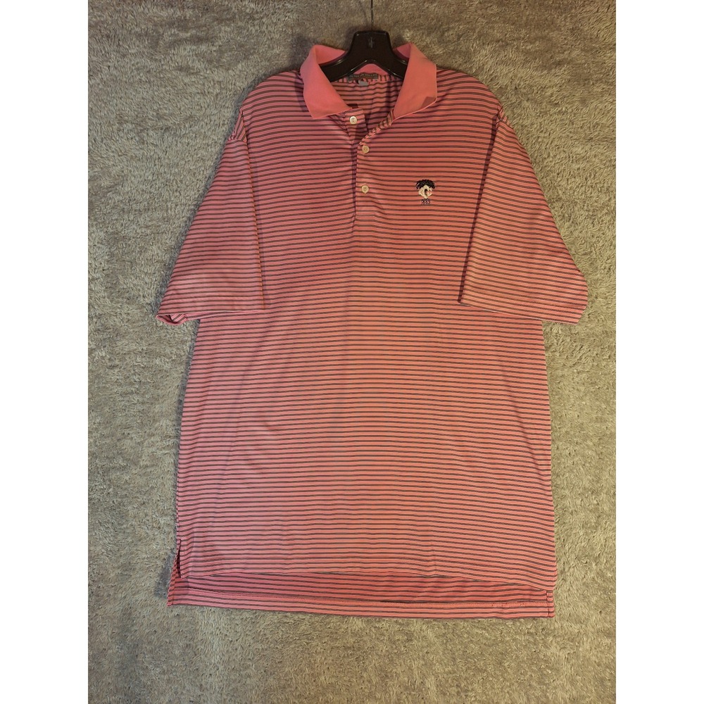 Peter Millar Summer Comfort Pink Striped Polo Shirt Mens Large 1889 Tree Logo